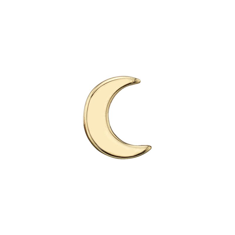 Polished 14k gold crescent moon piercing pin on a white background