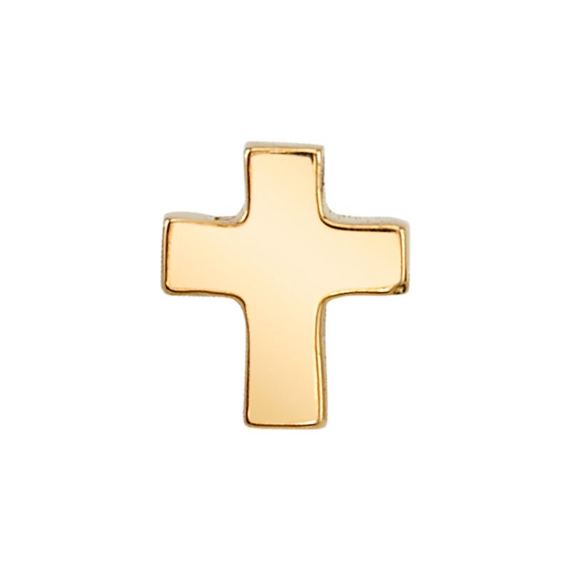 Polished 14k gold cross piercing pin on a white background