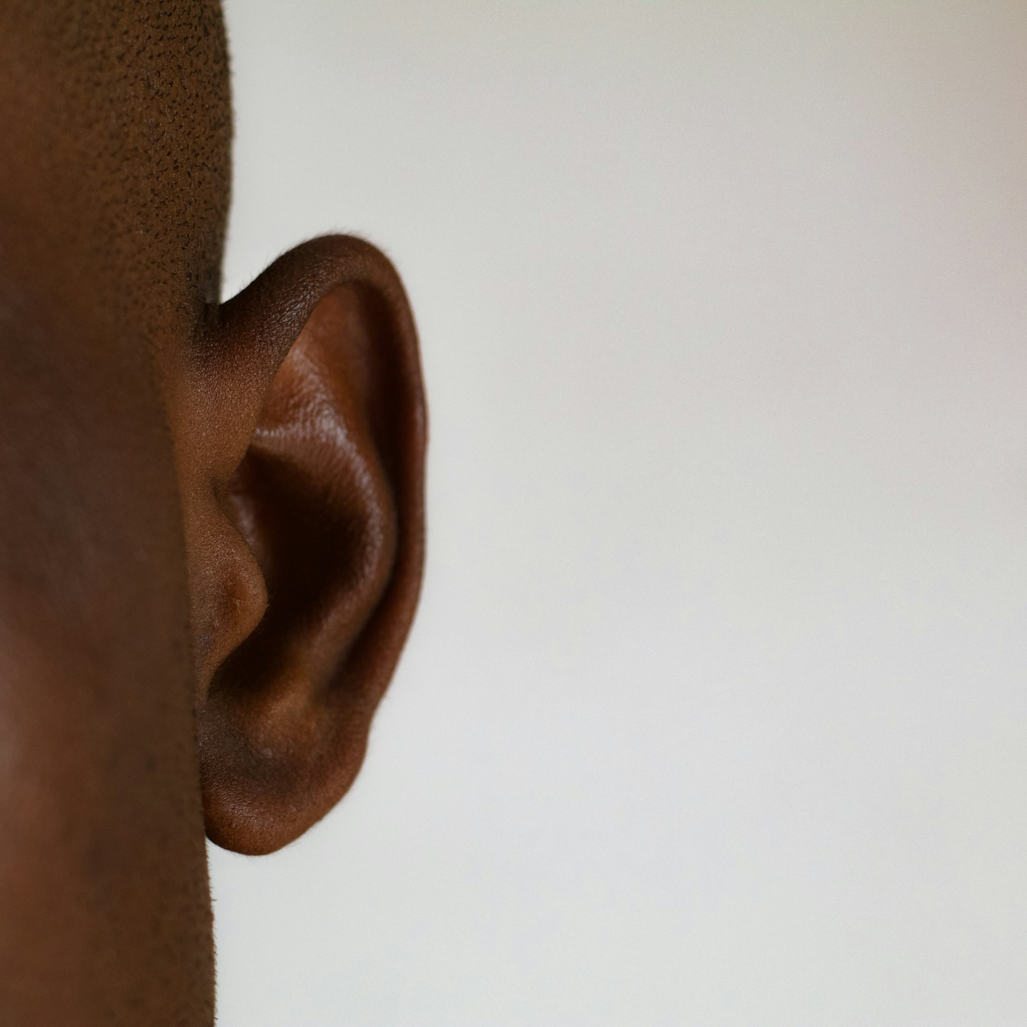 Close-up of an ear against a white background, clean editorial lighting